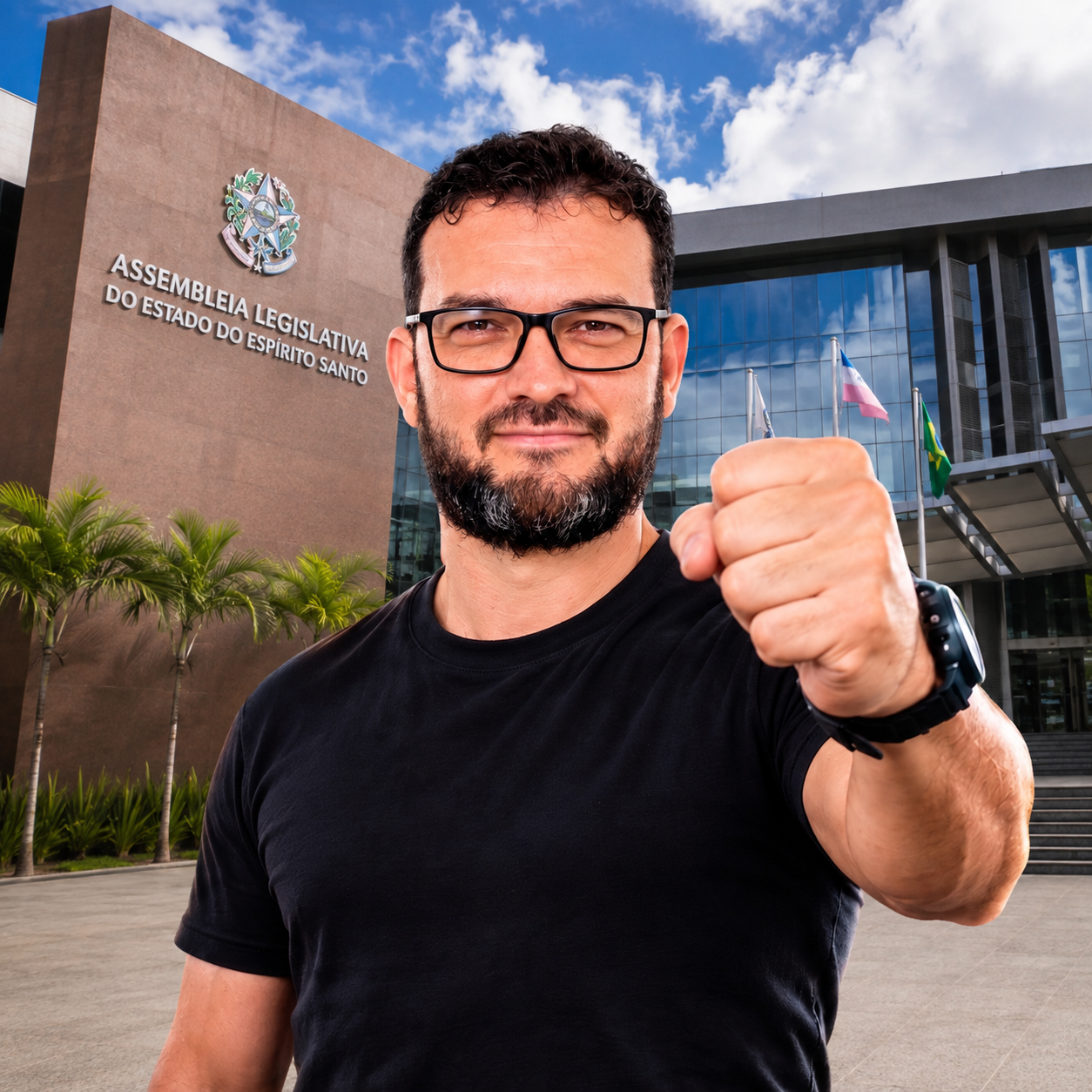 Candidato em frente à Assembleia Legislativa do Estado do Espírito Santo