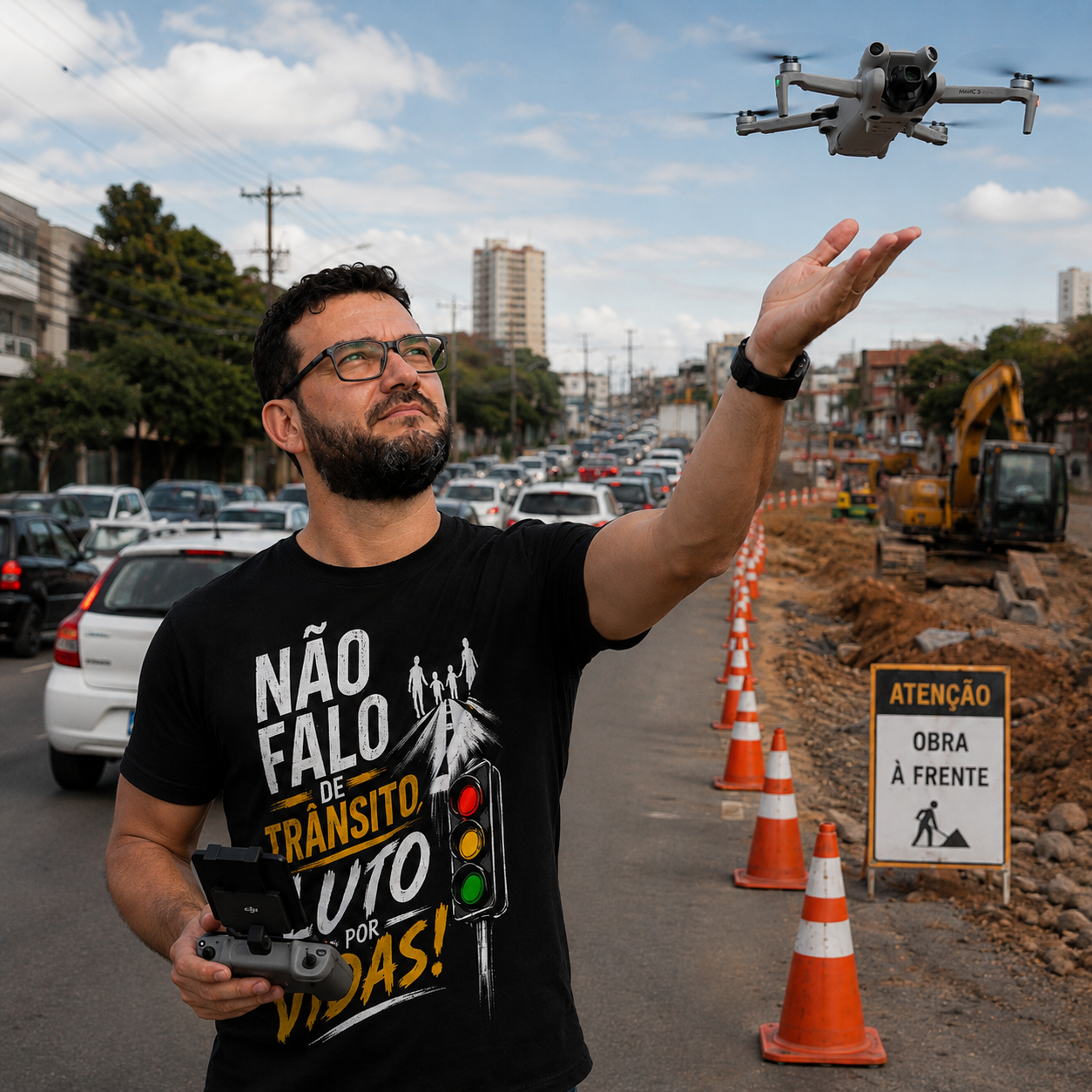 Candidato acompanhando o trânsito e uma obra viária com o auxílio de um drone